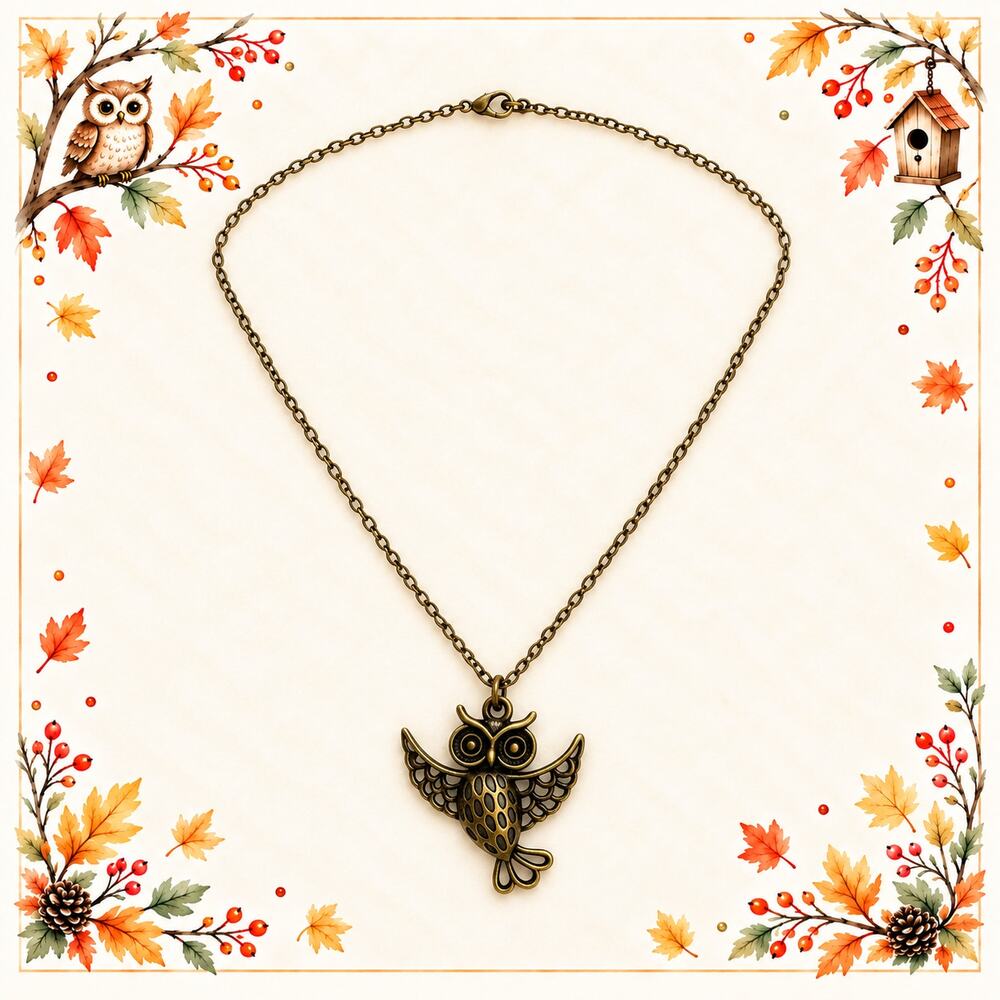 Owl Pendant Necklace Antique Bronze Tone Flying Owl Woodland Jewelry N486